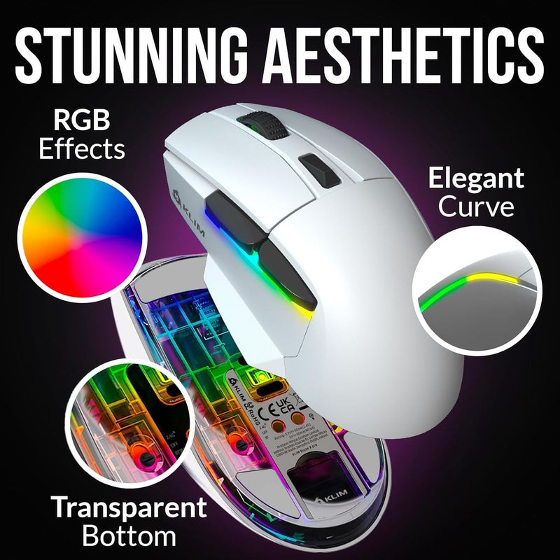 KLIM Blaze X RGB + New + Rechargeable Wireless Gaming Mouse with Charging Dock + Long-Lasting Battery + Up to 12000 DPI + Wired & Wireless Mouse PC, PS5, PS4, Mac + White - Image 4
